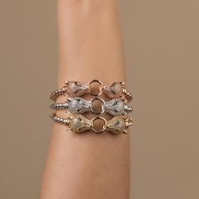 Bracelete com Leopardos Brancos Folheado a Ouro Rosê