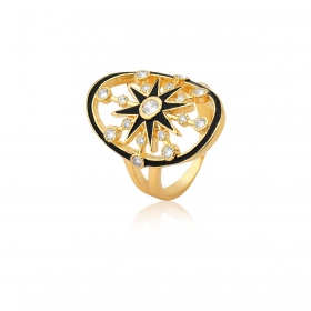 Anel Oval com Estrela Esmaltado Preto Folheado a Ouro