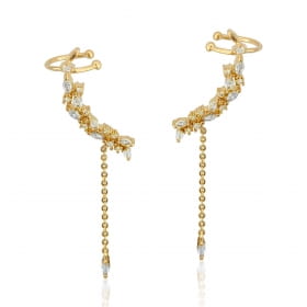 Brinco Ear Cuff com Zircônias Navetes Brancas Folheado a Ouro