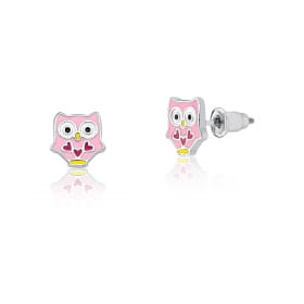 Brinco Kids de Coruja Esmaltado na Cor Rosa Prata Rodinada