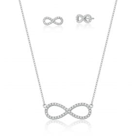 Conjunto Brinco e Corrente com Pingente Infinito Prata Rodinada