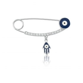 Broche Alfinete com Olho Grego Azul Prata Rodinada