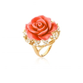Anel Flor de Baquelite na Cor Coral Folheado a Ouro