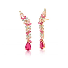Brinco Ear Cuff Pêndulo com Cristais Coloridos Folheado a Ouro