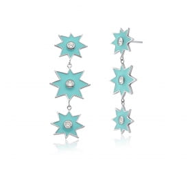 Brinco Pêndulo Estrelas Esmaltado Azul Claro Folheado a Ródio