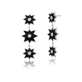 Brinco Pêndulo com Estrelas Esmaltado Preto Folheado a Ródio