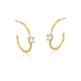 Meia Argola com Elos e Cristal Redondo Branco Folheada a Ouro