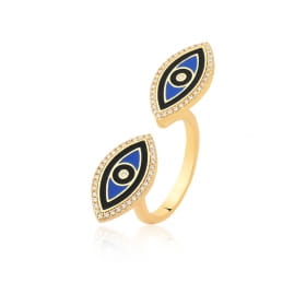 Anel Regulável com Olhos Esmaltados Azuis Folheado a Ouro
