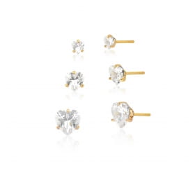 Kit Três Pares de Brincos Cristal Coração Branco Folheado a Ouro
