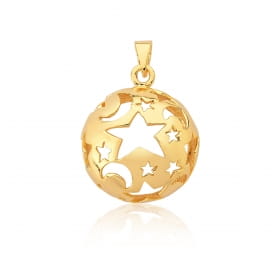 Pingente Redondo com Estrelas e Luas Vazados Banhado a Ouro