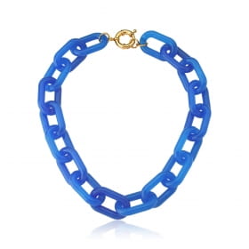 Colar com Elos em Acrílico Ovais na Cor Azul Banhado a Ouro