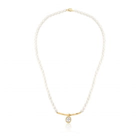 Colar com Pérolas e Pingente Curvo com Cristal Banhado a Ouro