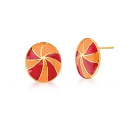 Brinco Oval Esmaltado Alaranjado e Vermelho Banhado a Ouro