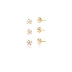 Kit Três Pares de Brincos de Flores Brancas Banhado a Ouro