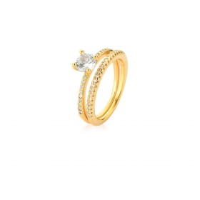 Anel Duplo com Cristal Oval e Zircônias Brancas Banhado a Ouro