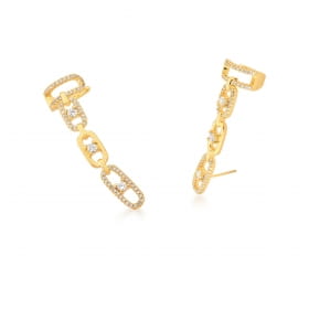 Brinco Ear Cuff com Elos Cravejados Brancos Banhado a Ouro