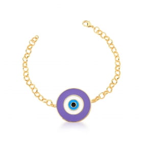 Pulseira com Elos e Pingente de Olho Lilás Banhada a Ouro