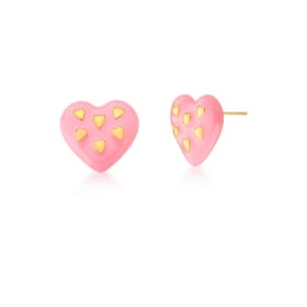 Brinco de Coração Esmaltado na Cor Rosa Banhado a Ouro