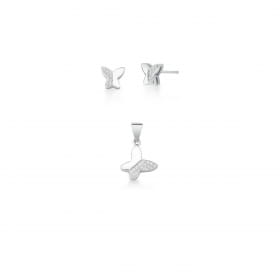 Conjunto Brinco e Pingente de Borboleta Branco Prata Rodinada