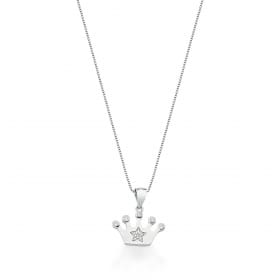 Corrente com Pingente de Coroa com Estrela Branco Prata Rodinada