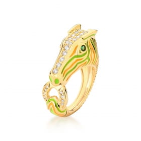 Anel de Zebra Esmaltado Verde e Cravejado Banhado a Ouro
