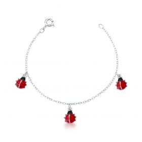 Pulseira Kids com Três Pingentes de Joaninhas Prata Rodinada
