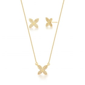 Conjunto Brinco e Corrente com Pingente Flor Banhada a Ouro