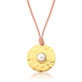Colar Courino Rosa e Pingente Redondo com Pérola Banhado a Ouro