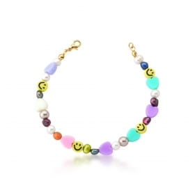 Pulseira e Pingentes Corações Coloridos e Pérolas Banhada a Ouro