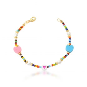 Pulseira com Corações Coloridos e Missangas Banhada a Ouro