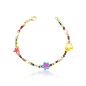 Pulseira com Pingentes de Estrelas Coloridas Banhada a Ouro