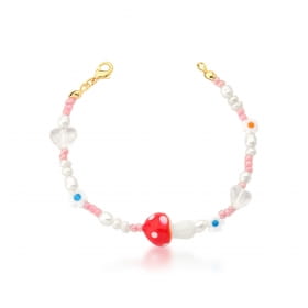 Pulseira com Pingente de Cogumelo e Flores Banhado a Ouro
