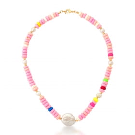 Colar com Stoppers de Silicone Colorido e Pérola Banhada a Ouro