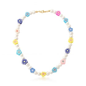 Colar com Pingente Flores Coloridas e Pérolas Banhado a Ouro