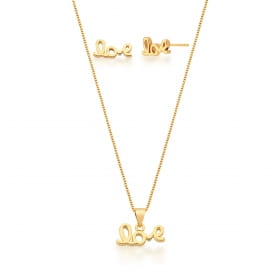 Conjunto Brinco e Corrente com Pingente Love Banhado a Ouro