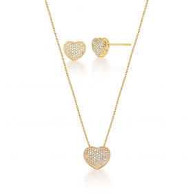 Conjunto Brinco e Corrente com Pingente Coração Banhada a Ouro