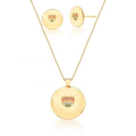 Conjunto Brinco e Corrente com Pingente Coração Banhado a Ouro