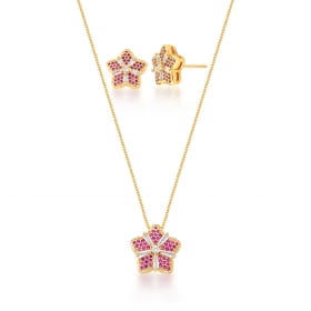 Conjunto Brinco e Corrente com Pingente Flor Banhado a Ouro