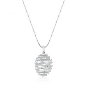Corrente com Pingente Oval Vazado/Branco Folheada a Ródio