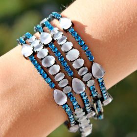 Pulseira com Cristais e Zircônias Azuis Folheada a Ródio Negro