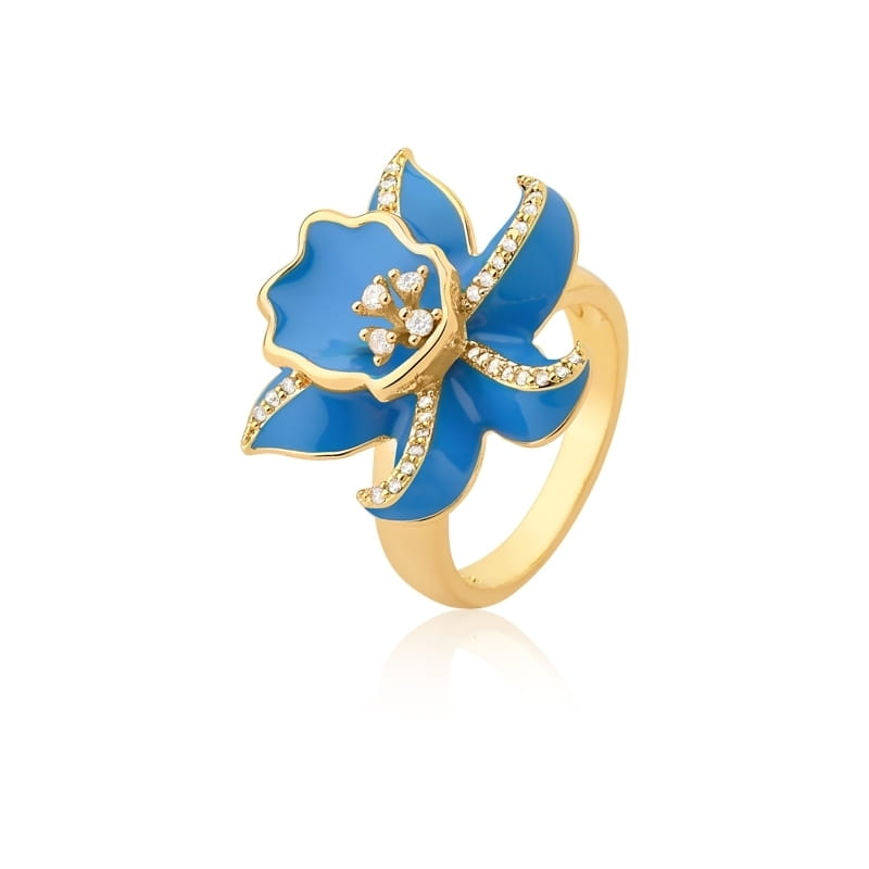 Anel Flor Esmaltado Azul e Zircônias Brancas Folheado a Ouro