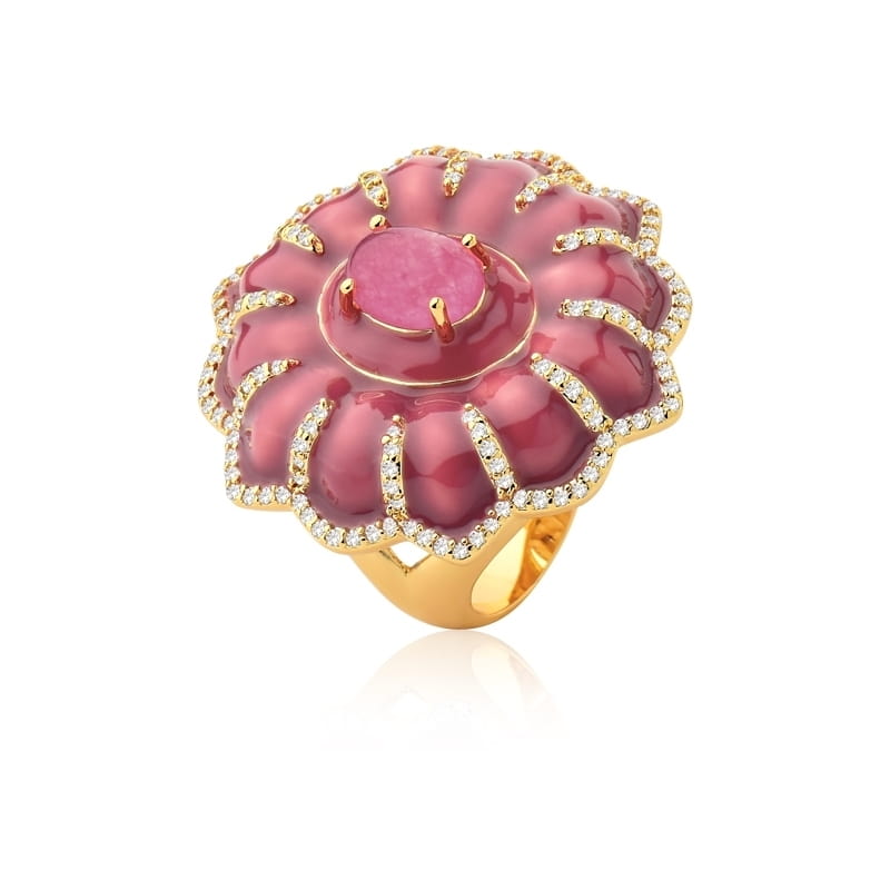 Anel Flor Esmaltado e Pedra Cabochão Cor Marsala Folheado a Ouro