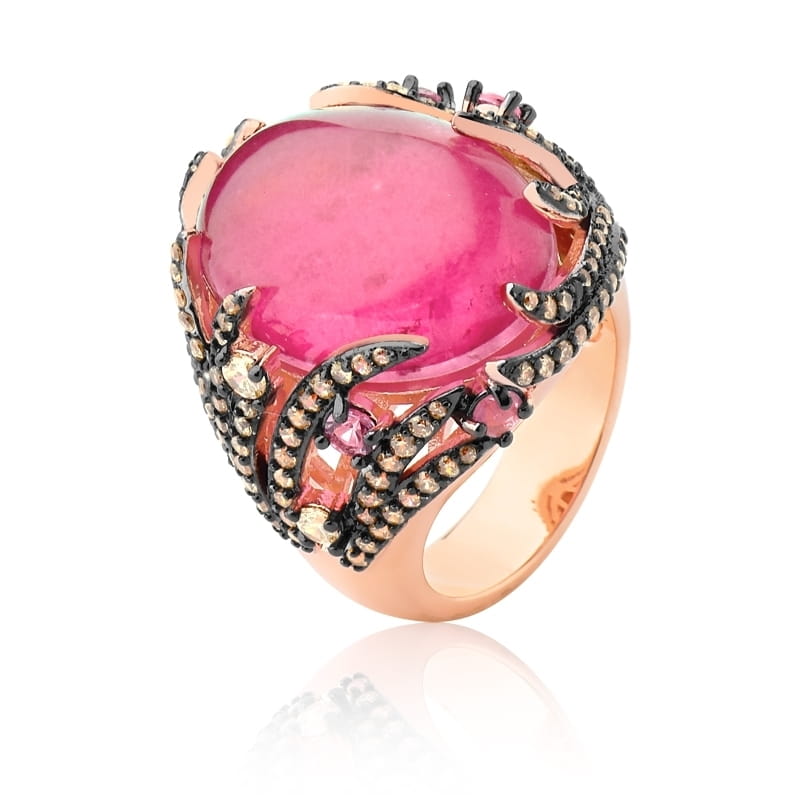Anel com Zircônias e Cabochão na Cor Rosa Folheado a Ouro Rosê