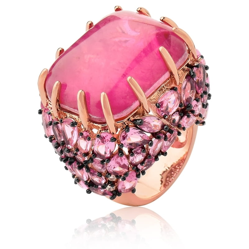 Anel com Cabochão Retangular na Cor Rosa Folheado a Ouro Rosê