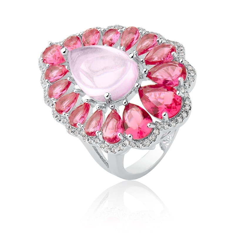 Anel com Cristais em Gota na Cor Pink Folheado a Ródio