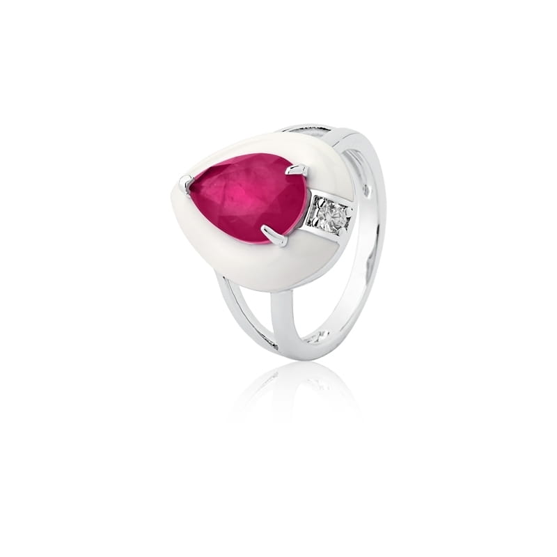 Anel Gota Esmaltado Branco e Cristal Marsala Folheado a Ródio