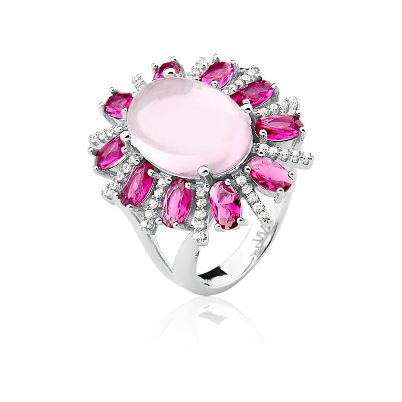 Anel Flor com Cristais e Cabochão Oval Rosa Folheado a Ródio