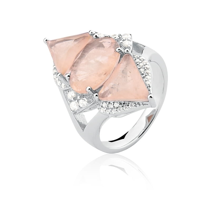 Anel com Cristal Oval/Triangular Fusion Salmão Folheado a Ródio
