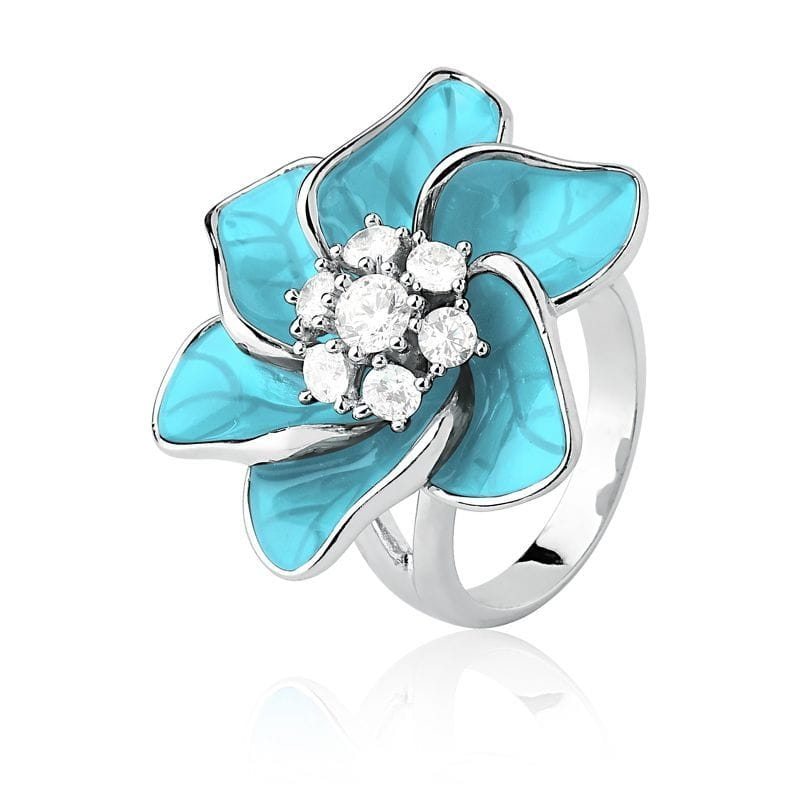 Anel Flor Esmaltado na Cor Azul com Zircônias Folheado a Ródio