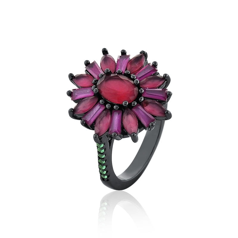 Anel Flor com Cristais na Cor Marsala Folheado a Ródio Negro